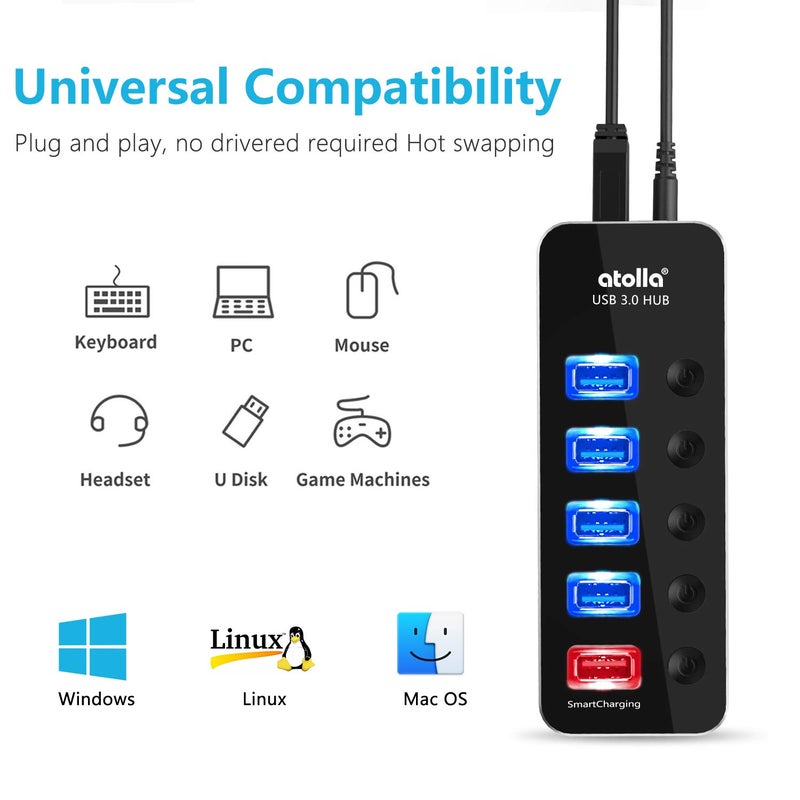 atolla Powered USB Hub, atolla Aluminum 5-Port USB 3.0 Hub with 4 USB 3.0 Data Ports and 1 USB Smart Charging Port, USB Splitter with 5V/3A Power Adapter and Individual Switches - Image 5